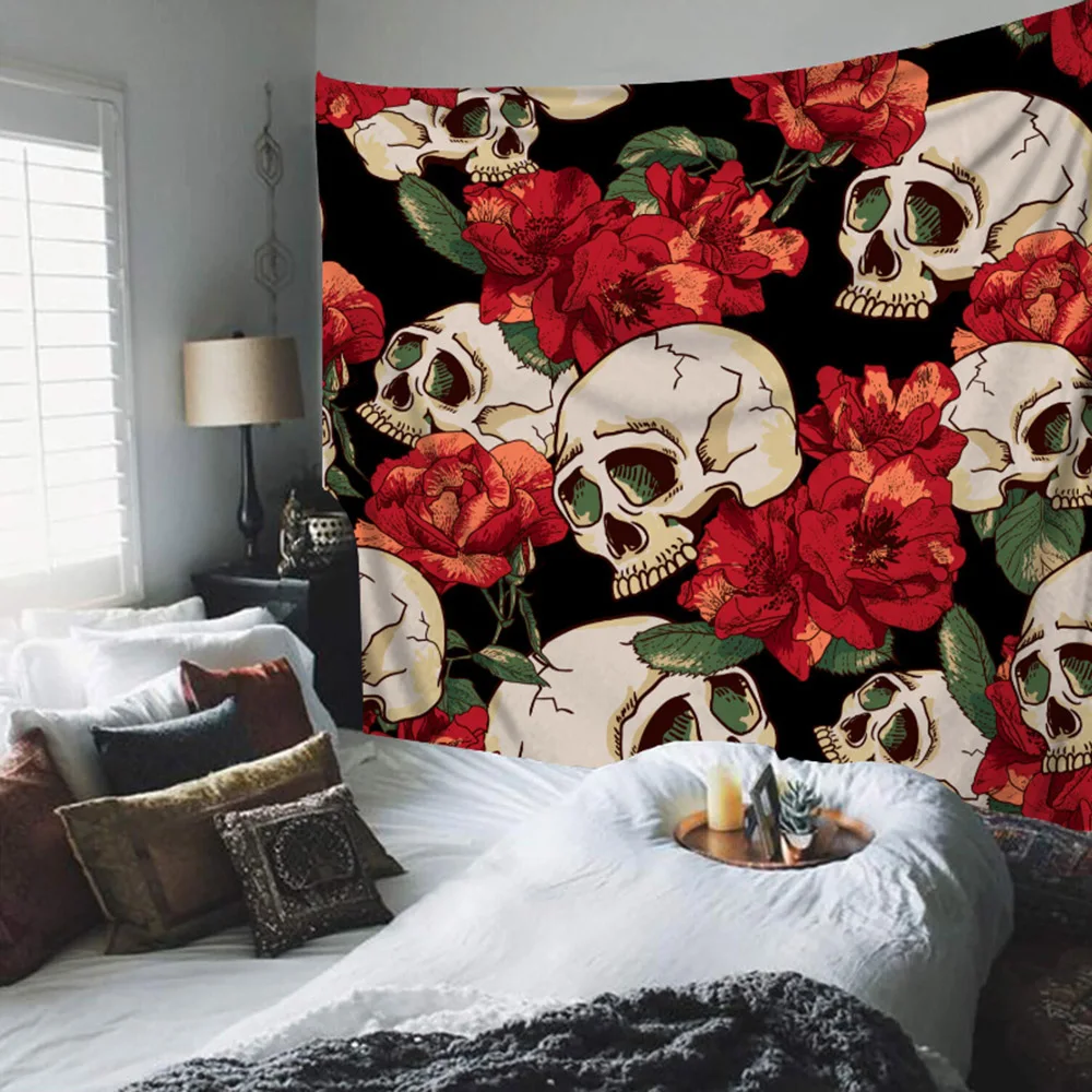 

Skull Tapestry Wall Hanging Polyester Flowers Divination Tarot Ouija Witchcraft Hippie Wall Carpet Psychedelic Tapestries