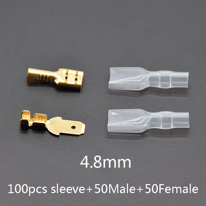 200pcs 4.8mm 200 шт./100 пар Женский Мужской Лопата обжимной рукав терминалов провода обёрточная бумага разъем для 22-16 AWG 0.5mm2-1.5mm2 2,8 мм 4,8 мм 6,3 мм - Цвет: 200pcs 4.8mm