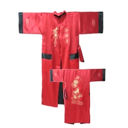 Robe Reversible Burgundy Black Chinese Men's Silk Satin Robes Two Side Nightgown Embroidery Dragon Kimono Bath Gown Kimono