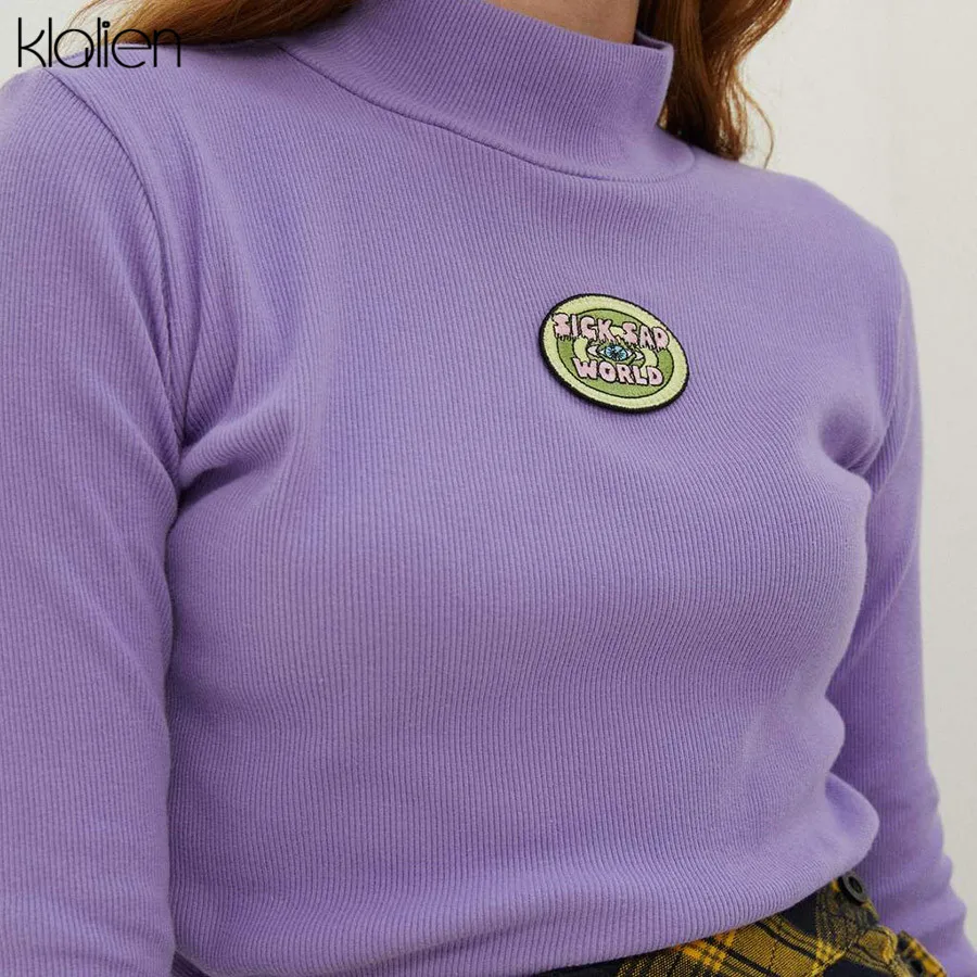 KLALIEN women casual fashion long sleeve turtleneck purple autumn letter tees elegant sweatshirts female pullover loose new
