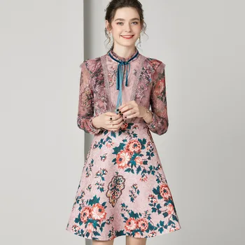 

Long Sleeve Dress Women 2020 Spring Fashion Lace Up Stand collar Ruffles Jacquard Patchwork Slim A Line Dress Above The Knees