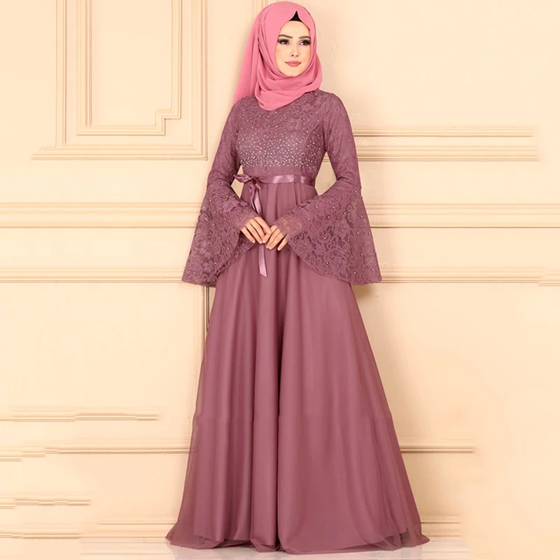 

Abaya Islamic retro ethnic style flared sleeve dress Israeli Muslim women long skirt Arab fashion noble party evening dress