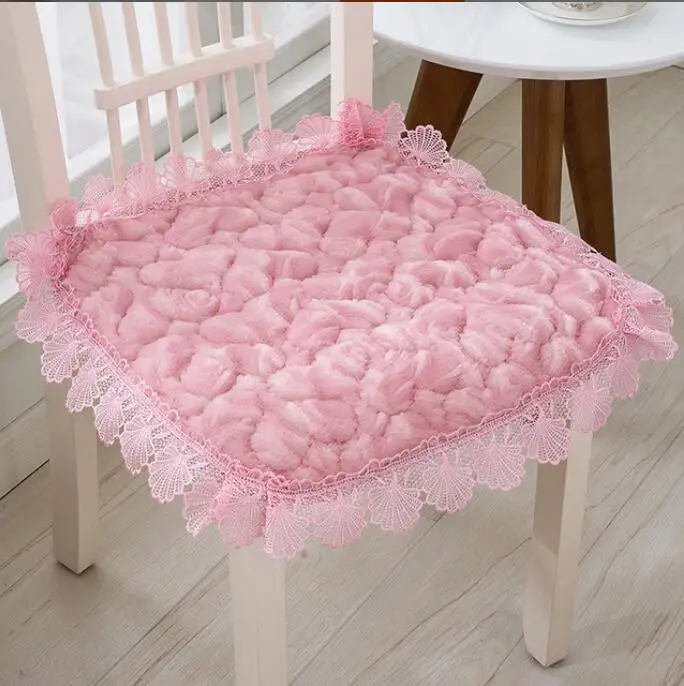 Современный дизайн плюшевый квадратный уплотненный стул подушка Кружева цветочные Нескользящие зимнее сиденье с галстуками для дома, сада и двора - Цвет: Розовый