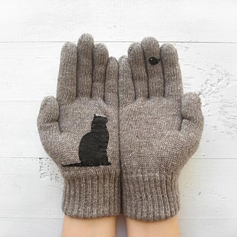 Зимние теплые кашемировые перчатки, толстые шерстяные вязаные перчатки с рисунком кота, мужские и женские рождественские перчатки - Цвет: KK