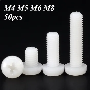

50pcs White Nylon Screw M4 M5 M6 M8 Metric Threaded insulation Plastic Pan Head Cross Round Bolt length 6mm-60mm