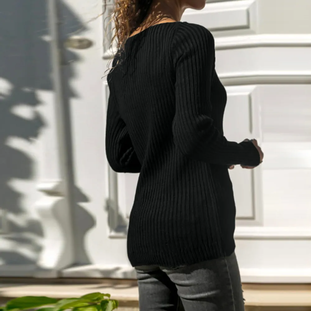Womail свитер женский осенний зимний длинный рукав сплошной полоски отложной воротник индивидуальный свитер трикотаж сексуальная одежда
