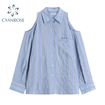 

Fashion Blue Striped Shirts Turn-Down Collar Casual Oversize Cardigan Loose Long Sleeve Turn Down Womens Shirt Top Clothes