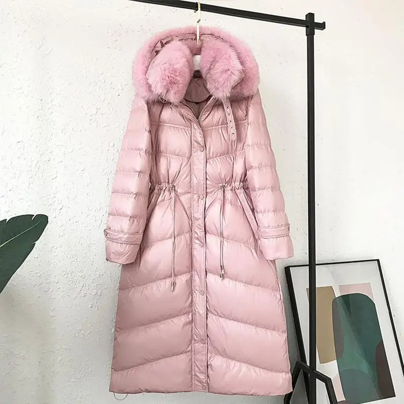 Jacket Women Real Natural Fox Fur Winter Jacket for Women White Duck Down Long Jacket Thick Hooded Coat Warm Parkas - Цвет: Rosa