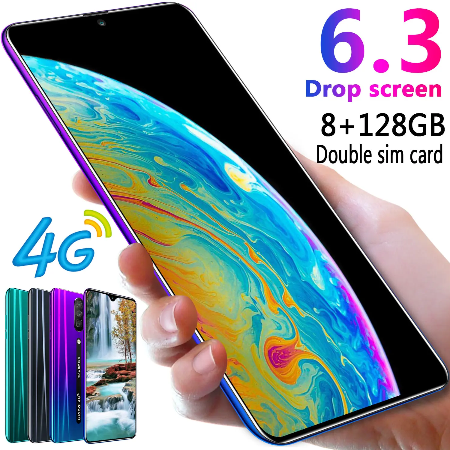 Rino Smartphone Android 4G Cellphones Global Version 6.3 Inch Dual Sim Unlocked Mobile Phone Water Drop Screen