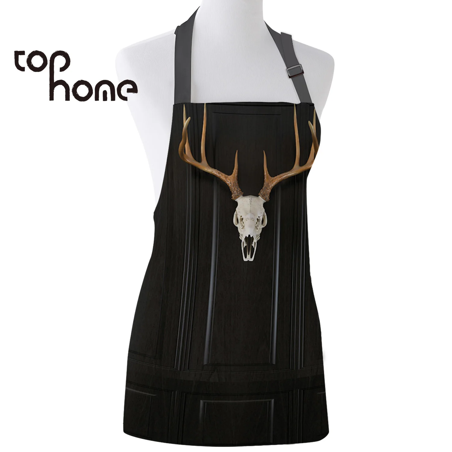 

Tophome Kitchen Apron Deer Head Skull Wall Decoration Printed Comfortable Canvas Aprons Couples Kids Bib Cooking