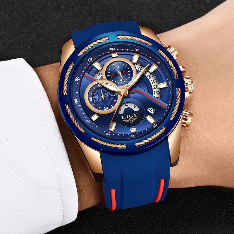 

LIGE Sport Wrist Watch Men Luxury Waterproof Relogio Masculino Fashion Brand Military Men's Wristwatch Quartz Silicone Blue+Box