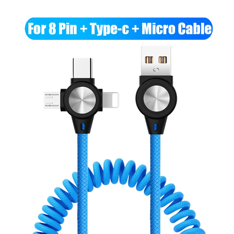 Blue 3 in 1 Cable Микро кабель 3в1 8-контактный кабель 3A Быстрая зарядка Выдвижной пружинный зарядный Дата кабель синхронизации данных Шнур для huawei samsung - Color: Blue 3 in 1 Cable
