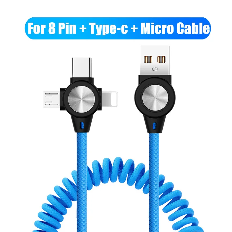 Микро кабель 3в1 8-контактный кабель 3A Быстрая зарядка Выдвижной пружинный зарядный Дата кабель синхронизации данных Шнур для huawei samsung - Color: Blue 3 in 1 Cable