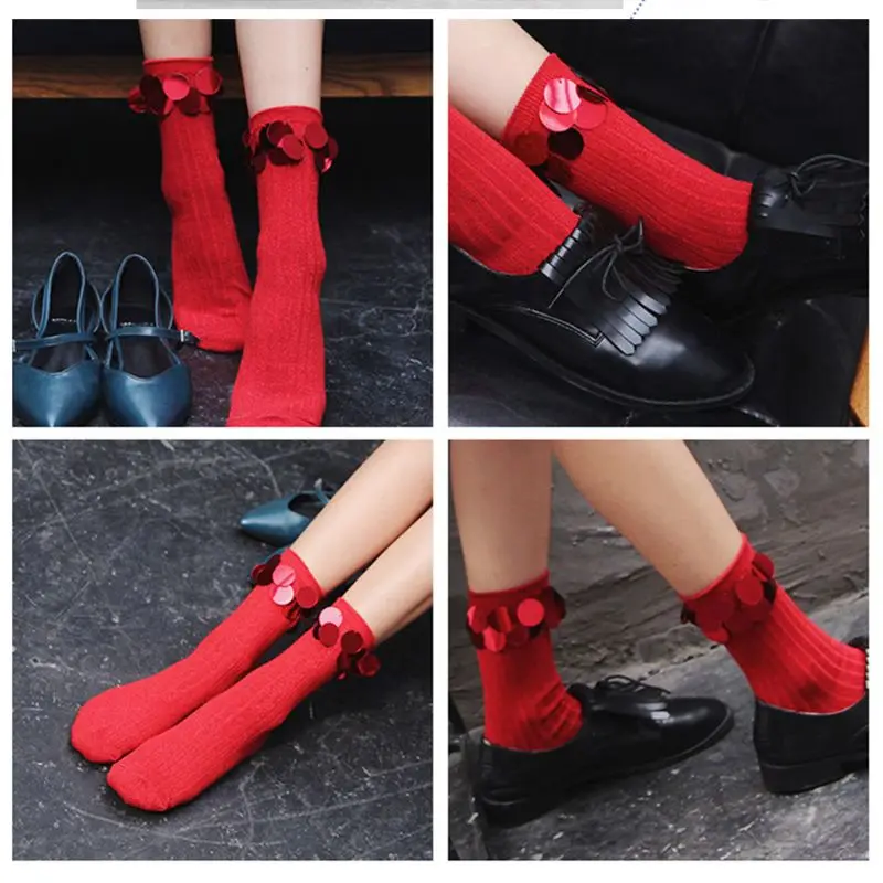 Women Girls Handmade Round Sequins Crew Socks Ribbed Knit Striped Cotton Hosiery