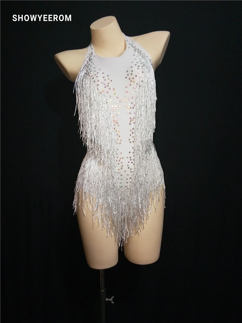 white Sparkly Rhinestones Tassel Leotard Nightclub Dance DS Show Stage Wear Stretch Bodysuit Party Female Singer Outfit