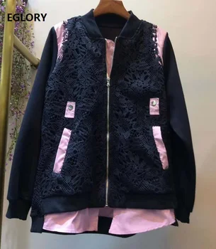 

High Quality Jacket 2020 Autumn Winter Casual Outwear Women Hollow Out Lace Embroidery Pink Color Block Long Sleeve Zipper Coats