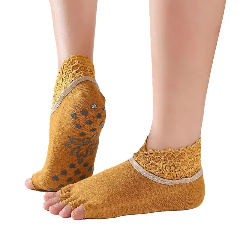 Женские носки для йоги, быстросохнущие, противоскользящие, силиконовые, для спортзала, пилатеса, балета, кружевные носки, для фитнеса, спорта, дышащие хлопковые носки, эластичные - Цвет: half toe yellow