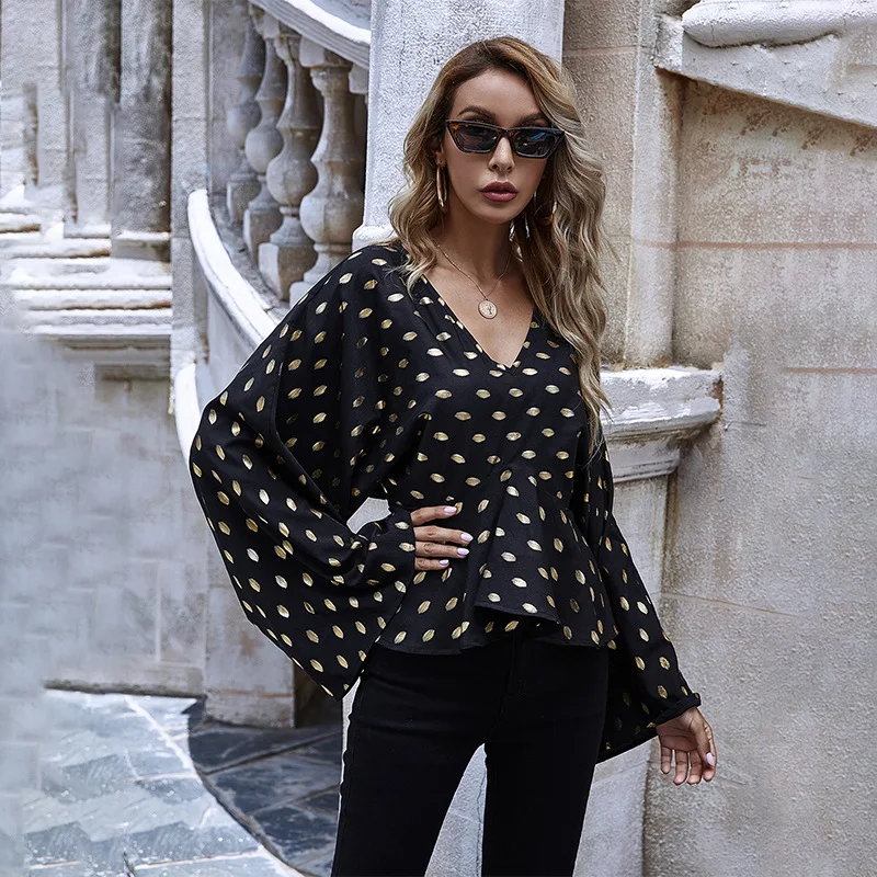 

Women's Chiffon Top Spring Autumn Bronze V-Neck Waist Bell Sleeve Small Shirt Long Sleeve Dot Print Deep V-Neck Female