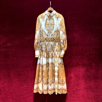 

New temperament fall women s French palace restoring ancient ways is printing the ultra long holiday dress dress