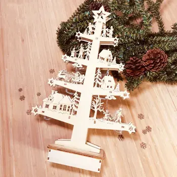 

Wooden Christmas Ornament Xmas Tree with LED String Light Craft Table Holiday Decoration New Year Toys Kids Gift
