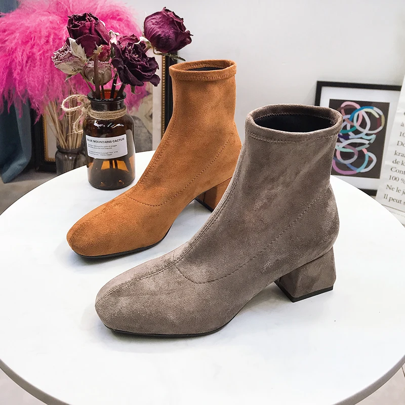 

Women's Boots 2019 Spring Autumn Fashion Square Toe High Heels Woman Ankle Boot Candy Color Boots For Woman Autumn Shoes