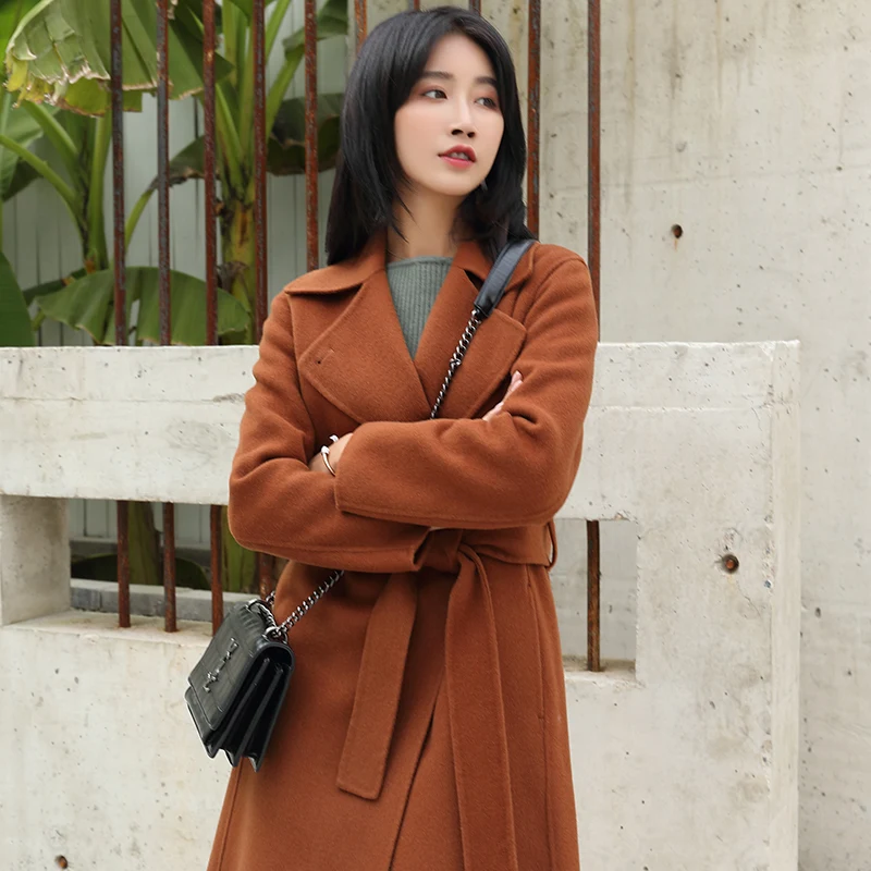 Двусторонняя кашемирвое пальто женское осень-зима популярное новое длинное высококачественное шерстяное пальто лацкан шерстяного манто с длинными рукавами кружево