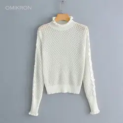 OMIKRON/Новые модные белые свитера с рукавами и оборками для женщин 2019, Осенние повседневные тонкие короткие вязаные топы женские высокие