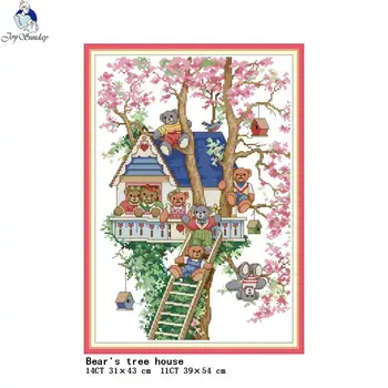 

Bear's tree house counted cross stitch kit 14ct11ct canvas printed cartoon pattern DIY handmade needle and thread embroidery set