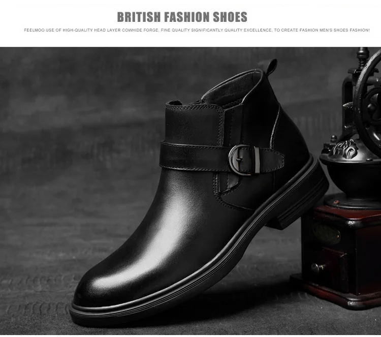 Top Quality Genuine Leather Boots Winter Shoes for Men Buckle Warm Motorcycle Ankle Boots Short Plush High Top Shoes Male