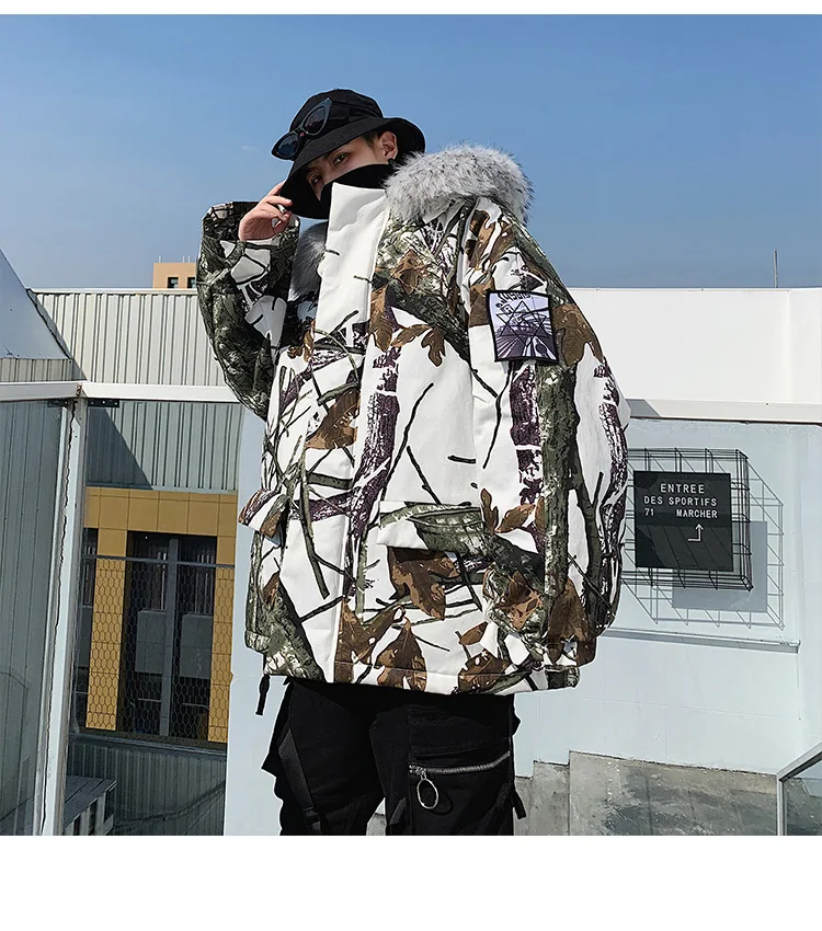 Yi dao Vintage Winter New Style Trend Mixed Colors Camouflage MEN'S Coat Japanese-style Loose Thick Fur Collar Versatile Cotton
