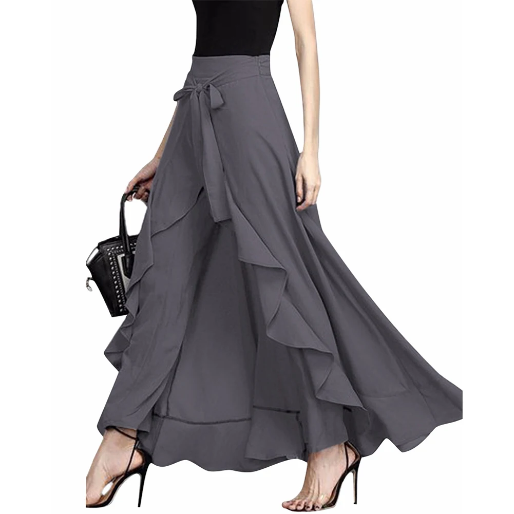

AA Women High Waist Maxi Skirt with Irregular Hem, A-line Lace Up Ruffled Long Skirts for Summer