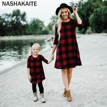 NASHAKAITE-ropa de moda para madre e hija, minivestido a cuadros con bolsillo de tres cuartos, vestido de otoño para madre e hija, aspecto familiar