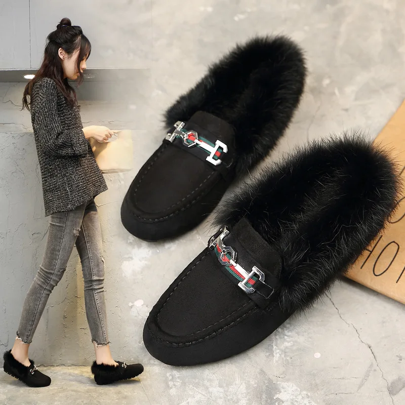 

Sale Rabbit Fur Moccosins Women's plus Velvet Small Leather Shoes Flat Side Scoop Bootie Korean-style Loafers Lazy Fluffy Shoes