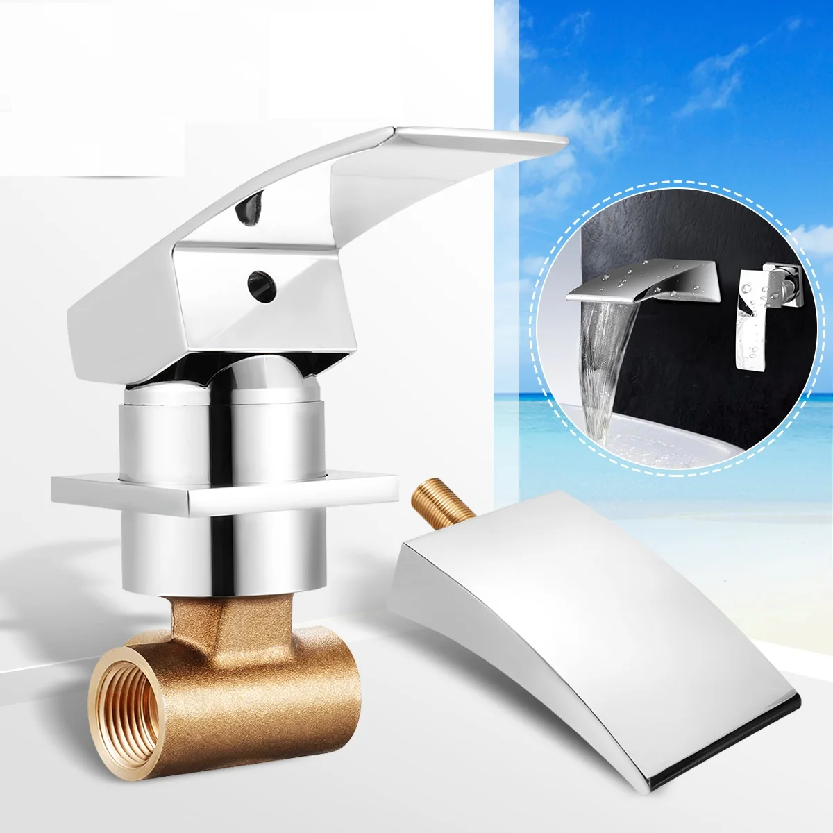 

Xueqin Zinc Alloy Chrome Brass Square Waterfall Basin Faucet Single Lever Sink Faucet Single Handle Mix Tap Wall Mounted