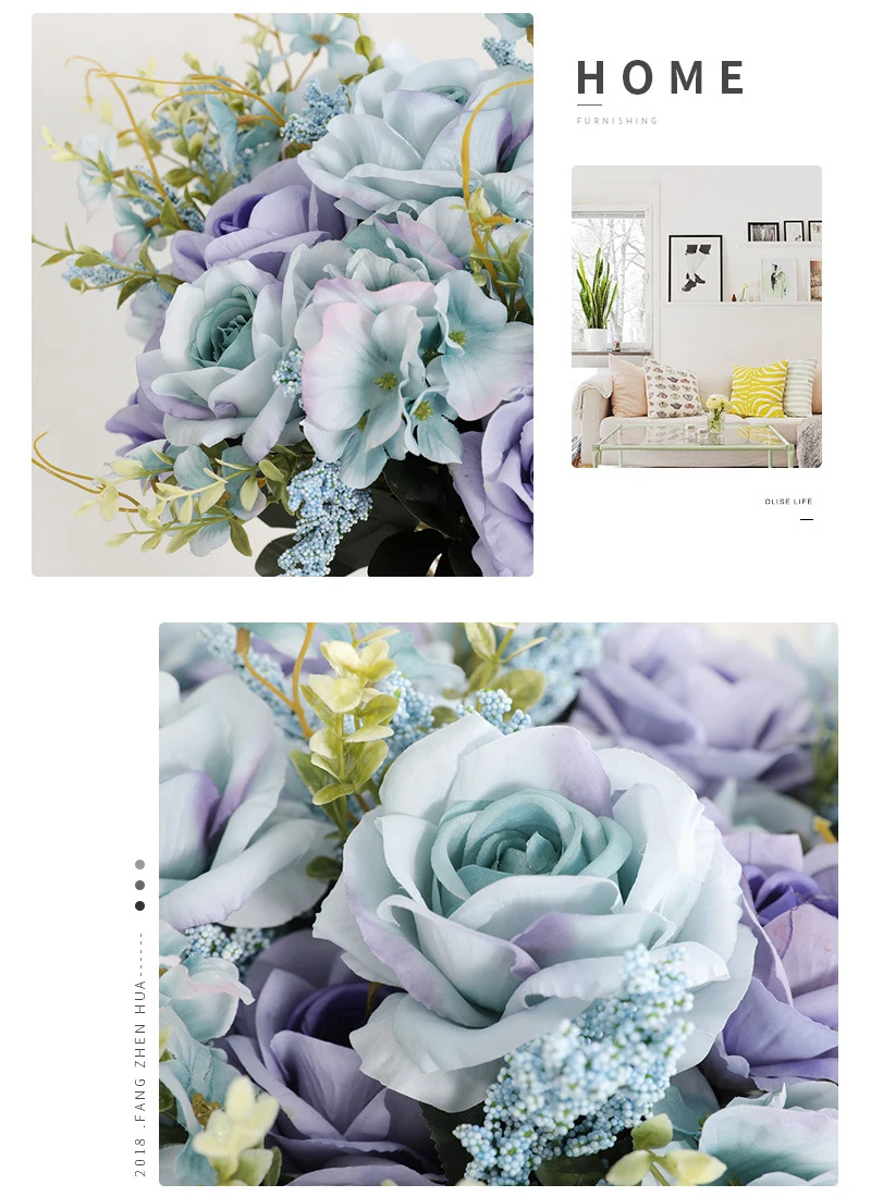 JAROWN 50cm Rose Hydrangea Silk Bouquet Artificial Flowers 13 Heads Bride Wedding DIY Flower Arrangement Home Decoration Fake Flowers Faux (22)