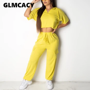 

Women 2 Pieces Tracksuits Sexy Short Sleeve Solid Hooded Crop Top and Casual Long Pants Set Hip Hop Summer Streetwear