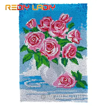 

Latch Hook Kits Pink Roses Vase Chunky Yarn Embroidery Crocheting Tapestry Kits Needlework Arts & Crafts DIY Carpet Rug 58*87cm