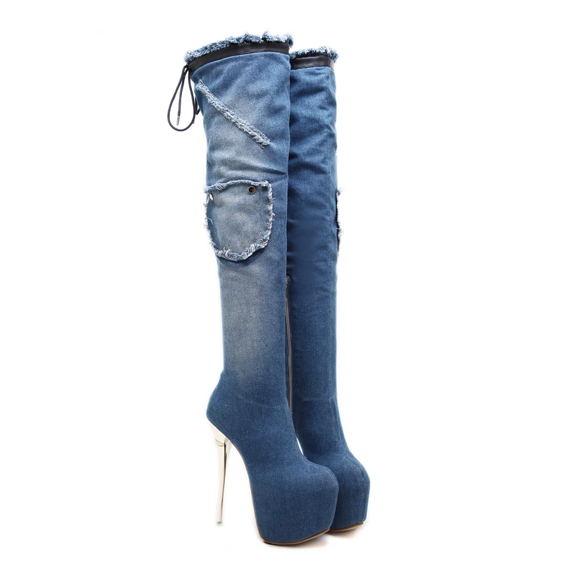 Bottines Femme/женская зимняя обувь синие джинсовые сапоги выше колена женские модные