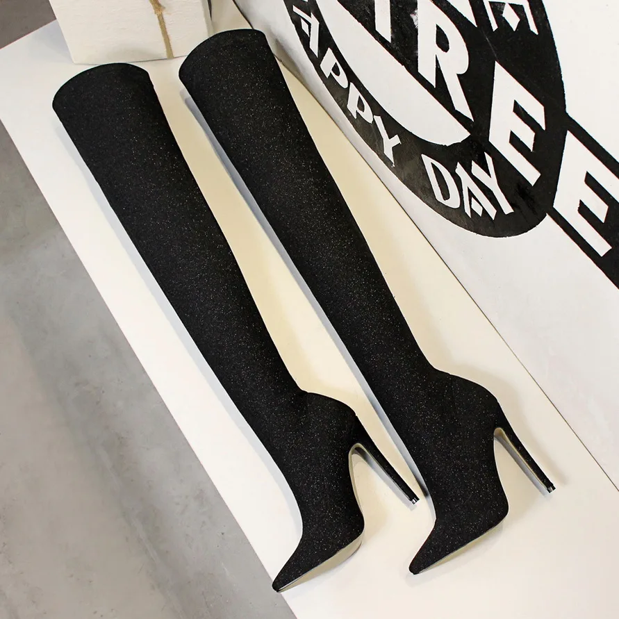 Elastic Satin Slim Fit Over The Knee Boots Women Winter Ladies High Heel Thin Heels Long Thigh High Boots Shoes K0146