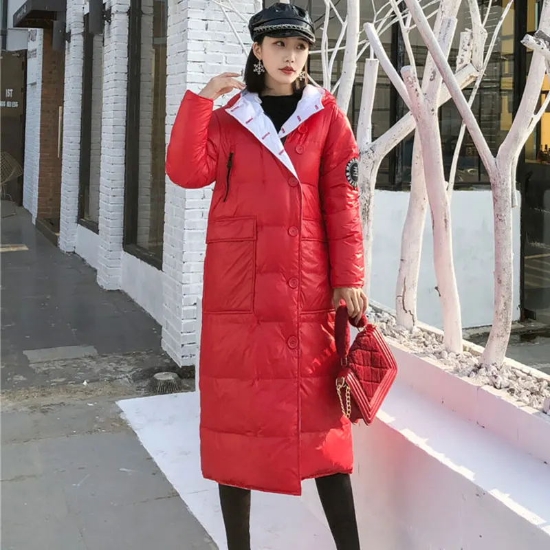 Европейский двухсторонний Зимний пуховик женский длинный жакет с капюшоном Женская мода с буквенным принтом Тонкое зимнее женское пальто 278 - Цвет: red white