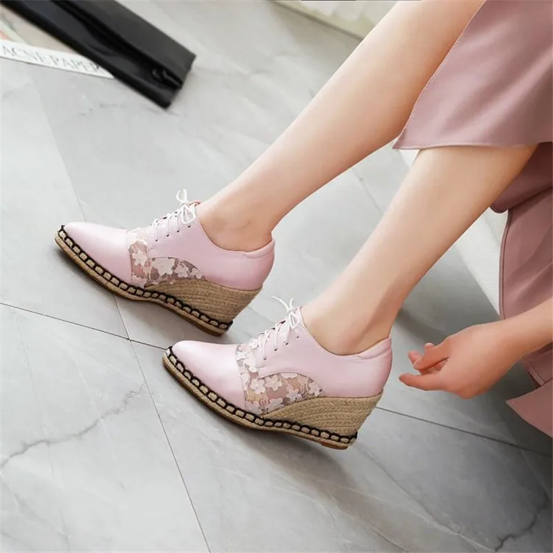 2020 Spring Autumn New Straw Wedge Shoes Women Deep Mouth High Heels Mesh Lace Stitching Lace-Up Pointed Toe Pumps Women's Shoes (28)