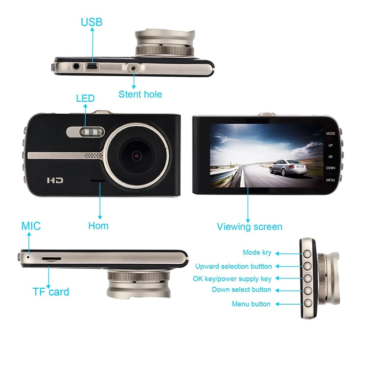 Скрытый видеорегистратор elebest Автомобильный с 4 дюймовым IPS экраном FHD 1080P двумя