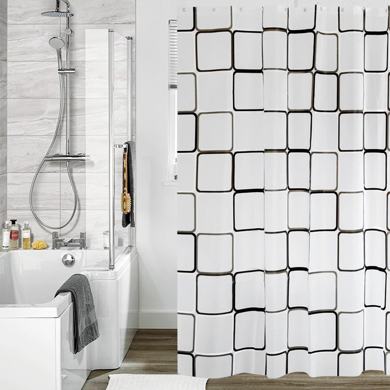 YIANSHU PEVA White Square High Quality Shower Curtain Thick With Hooks Waterproof Mildew Resistant Bath Curtain Bathroom Curtain