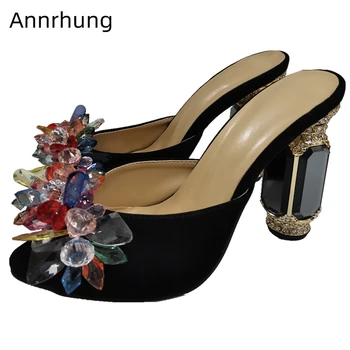 

Colorful Diamond Flower Decor Party Shoes Woman Luxury Suede Open Toe Jeweled Rhinestone Heel High Heel Mules Zapatos Mujer