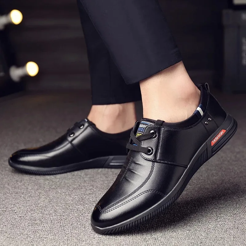 

Recreational Men's Leather Shoes Business Dress Fashion Comfortable Tie Simple Pure Color Anti-skid Wear-resistant