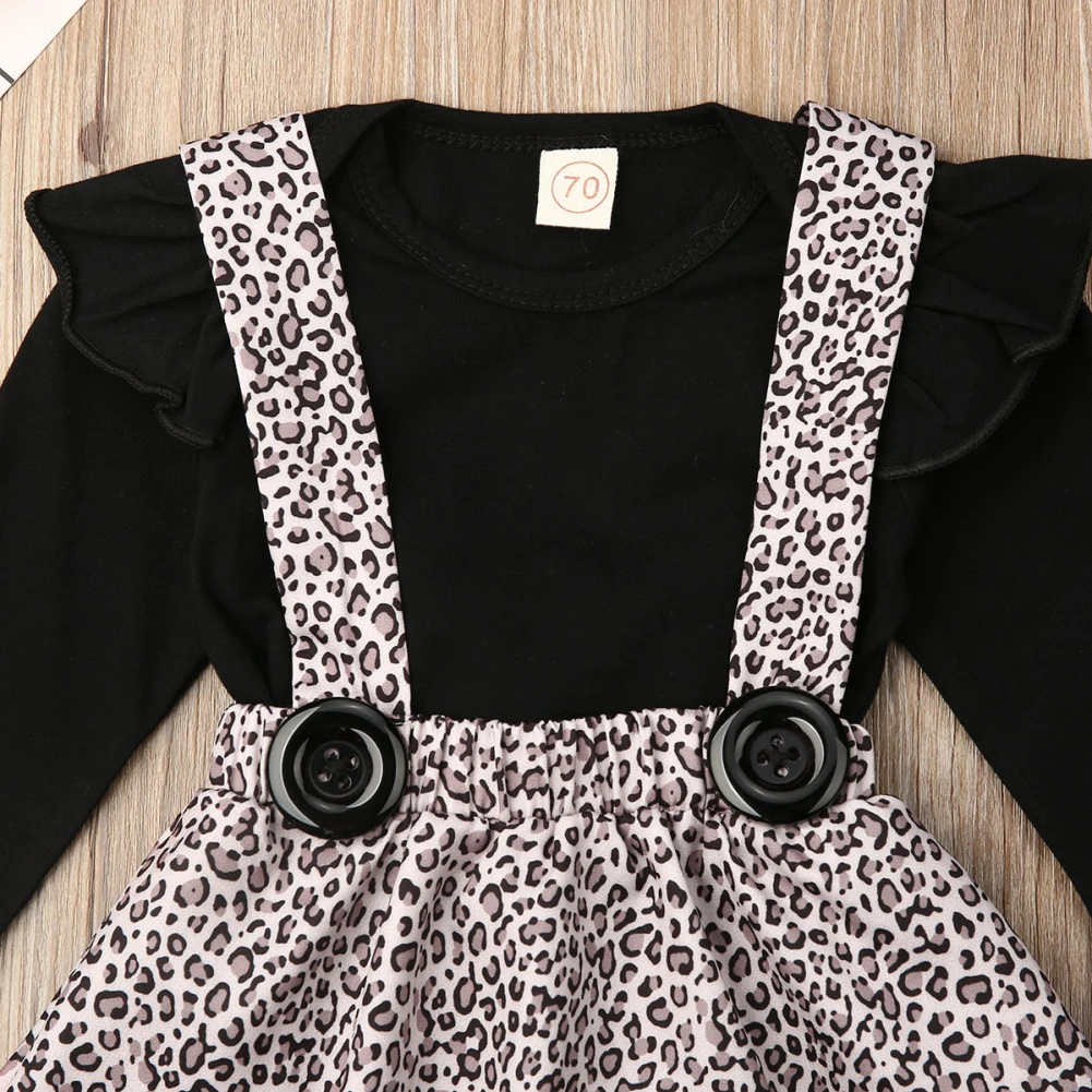 Эксклюзивная Одежда для девочек Одежда для маленьких девочек боди с длинными рукавами+ леопардовое платье с нагрудником, теплый комплект одежды