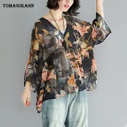 Женская блузка, повседневное прозрачное шифоновое, с цветочным принтом, рубашка 2019, плюс размер, v-образный вырез, рукав три четверти, Blusas