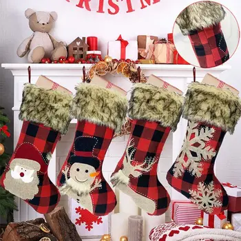 

4pcs/set Christmas Stocking Plush Snowflake Santa Snowman Elk Gift Candy Bags Hanging Xmas Tree Fireplace Decorations