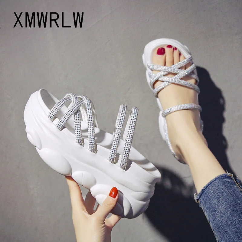 

Шлепанцы женские XMWRLW, летние, однотонные, на высоком каблуке, стразы