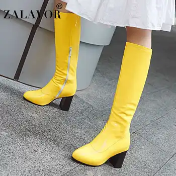 

ZALAVOR Plus Size 34-48 Winter Knee High Boots Women Patent Leather Pointed Toe Sexy Ladies High Heels Shoes Women Footwear